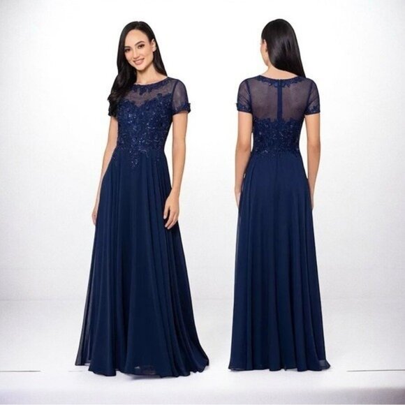 🌻NEW w/tags XSCAPE Navy Blue Boat-Neck Sequin Mesh Gown Women's Size 18 - Picture 1 of 12